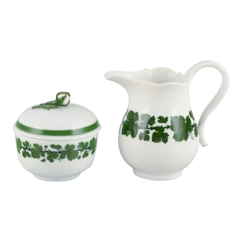 Meissen Green Ivy Vine, sugar bowl and creamer in porcelain.
