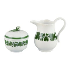 Vintage Meissen Green Ivy Vine, sugar bowl and creamer in porcelain.