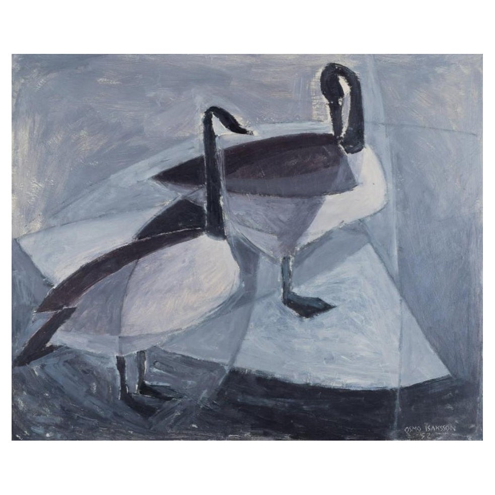 Osmo Isaksson, Finnish-Swedish artist. Oil on board. Birds on lake, 1952 For Sale