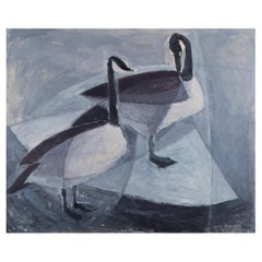 Vintage Osmo Isaksson, Finnish-Swedish artist. Oil on board. Birds on lake, 1952
