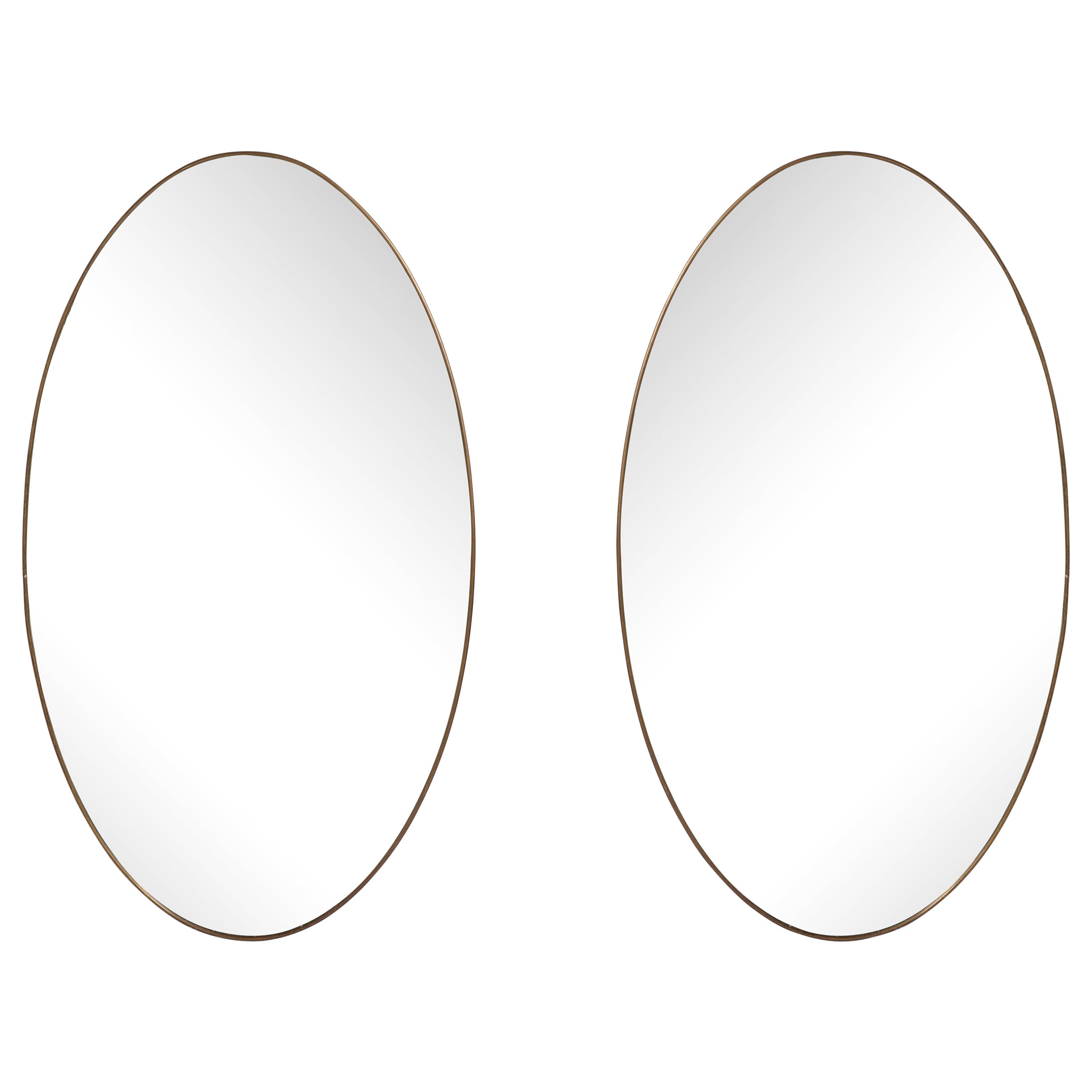 Pair of Italian Modernist Brass Oval Grand Scale Wall Mirrors, Italy, circa 1950 For Sale