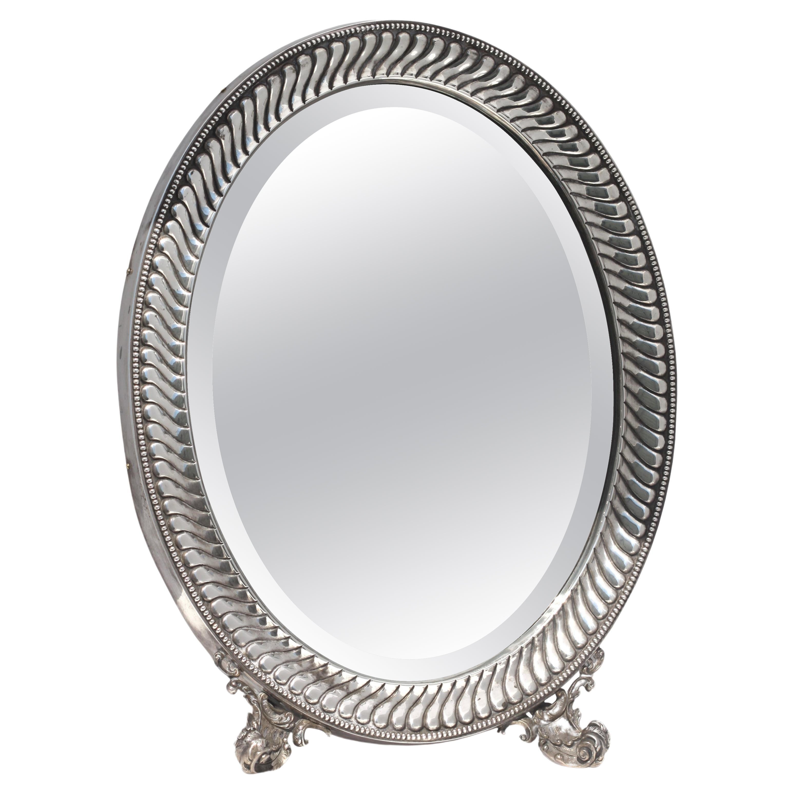 Continental Neoclassical Silver Oval Dressing Mirror, 19th Century For Sale