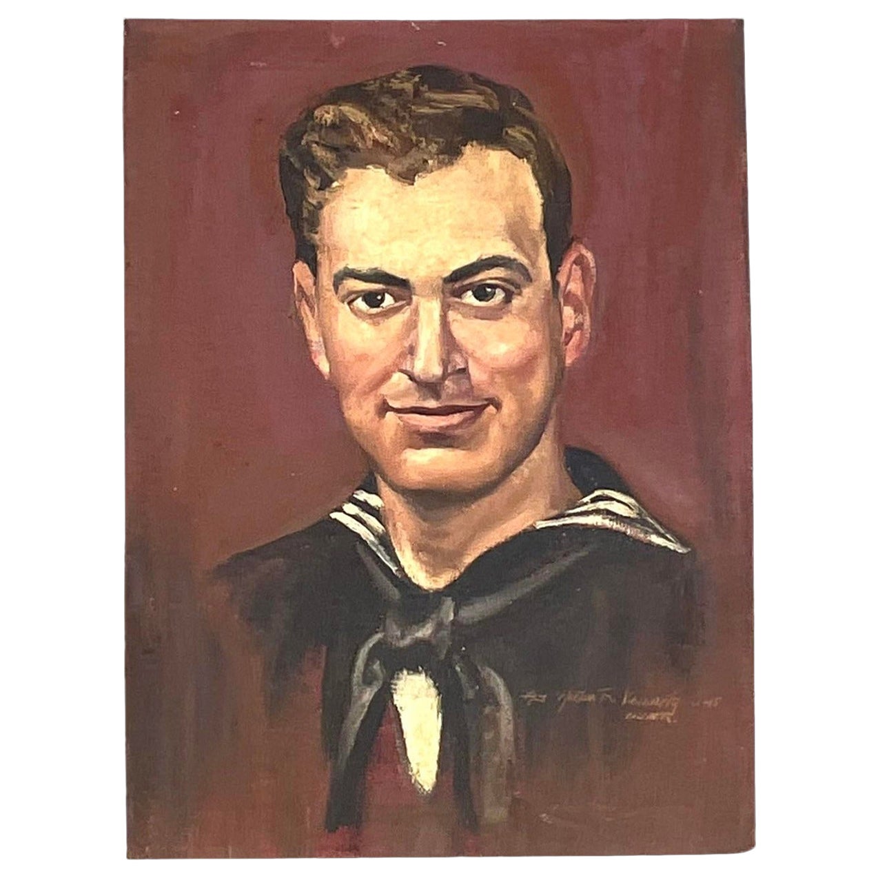 Vintage Realist Signed Original Oil Portrait Painting of a Handsome Solider 1945 For Sale