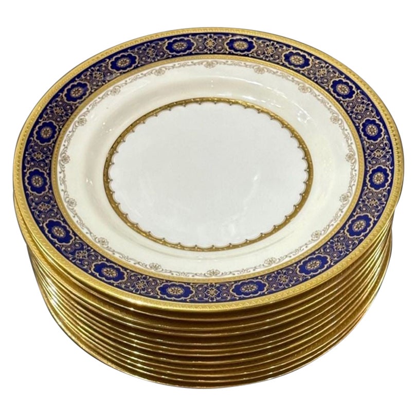 Set of 12 English Mintons Cobalt and Gold Encrusted Dinner Plates For Sale