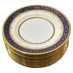 Antique Set of 12 English Mintons Cobalt and Gold Encrusted Dinner Plates