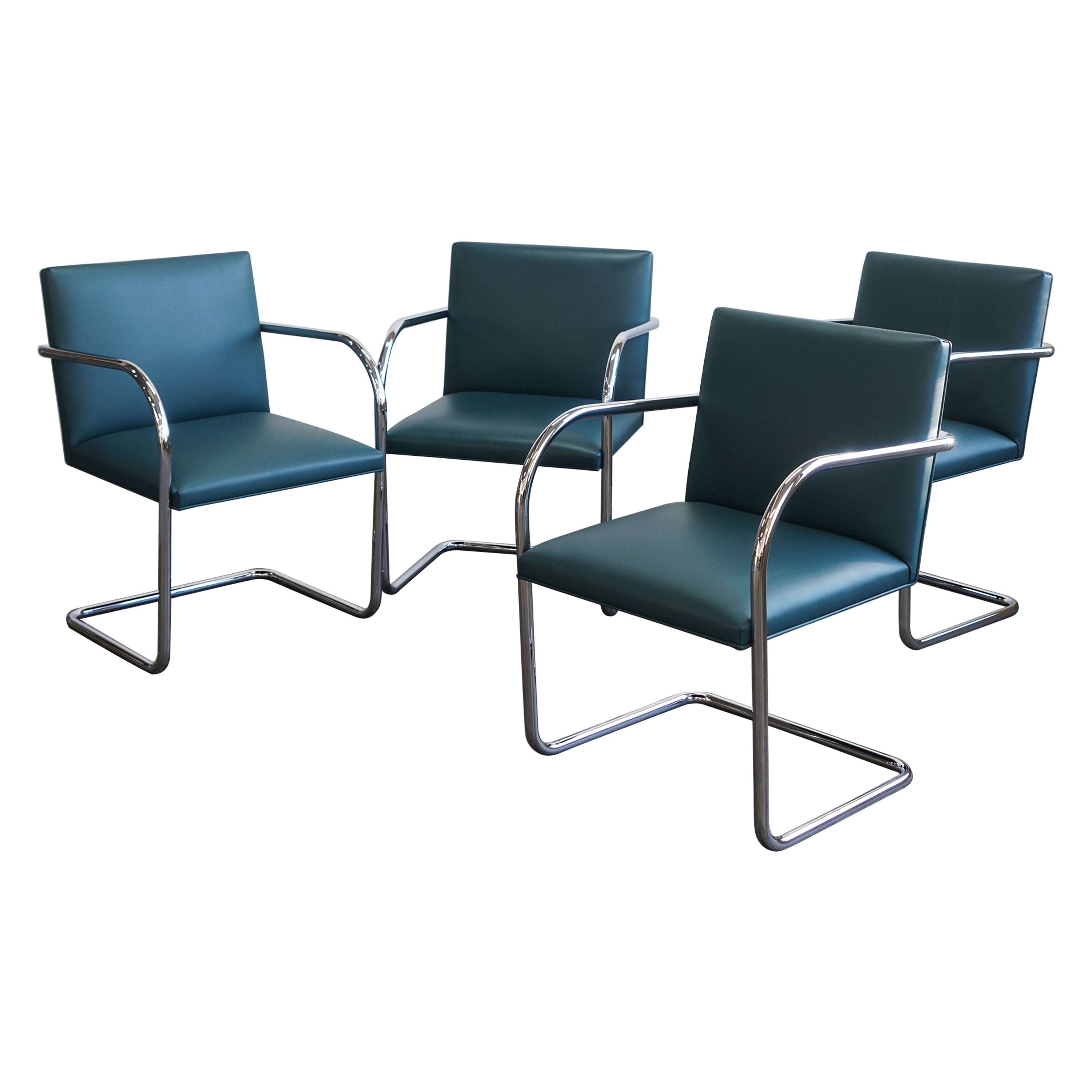 Four Mies van der Rohe Knoll BRNO tubular armchairs in teal leather For Sale
