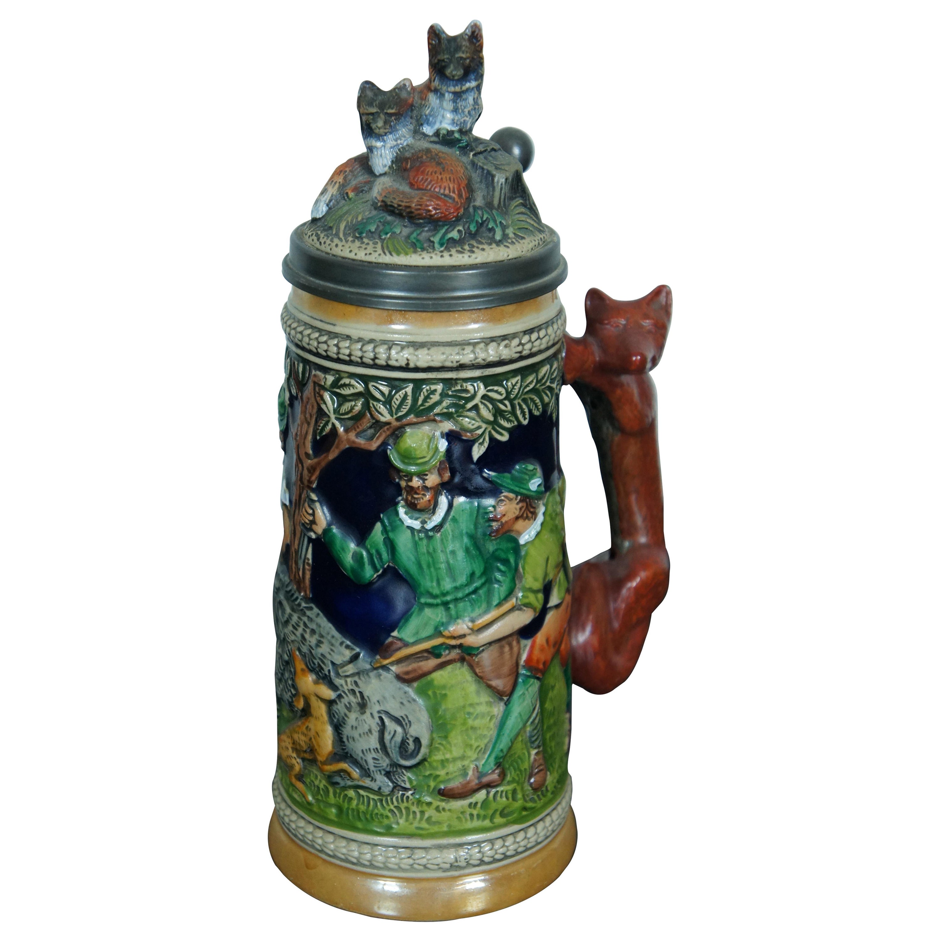 Vintage Gerzit Genz Ceramic Handle de renard Boar Hunt Lidded Beer Stein Allemagne 9"