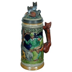 Vintage Gerzit Genz Ceramic Fox Handle Boar Hunt Lidded Beer Stein Germany 9"
