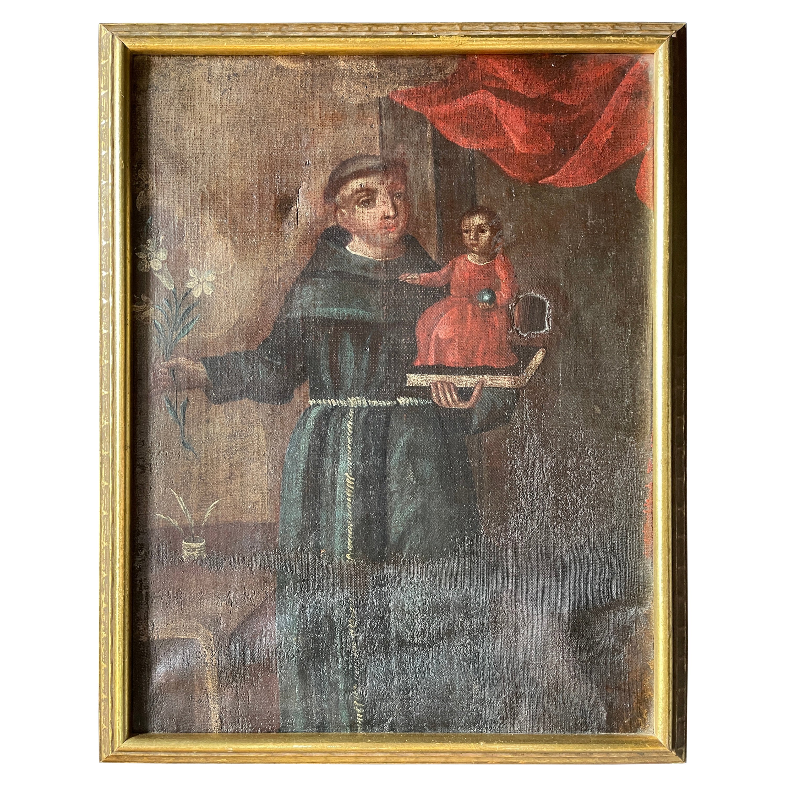 Ancienne peinture coloniale espagnole à l'huile sur toile de Saint Antoine en vente