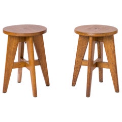 Pair of Solid Oak Stools in the Style of René Gabriel - France 1950's