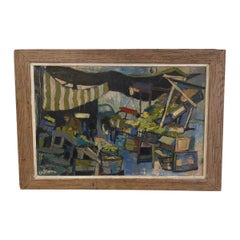 Huile sur toile moderniste originale de Don Bloom scène de marché, 1957