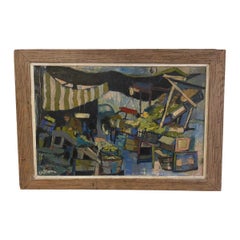 Retro 1957 Don Bloom Market Scene modernist original oil on canvas 