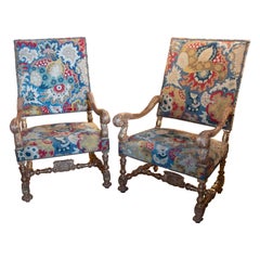 19th Century French Pair of Wooden Armchairs Upholstered with Petit Point