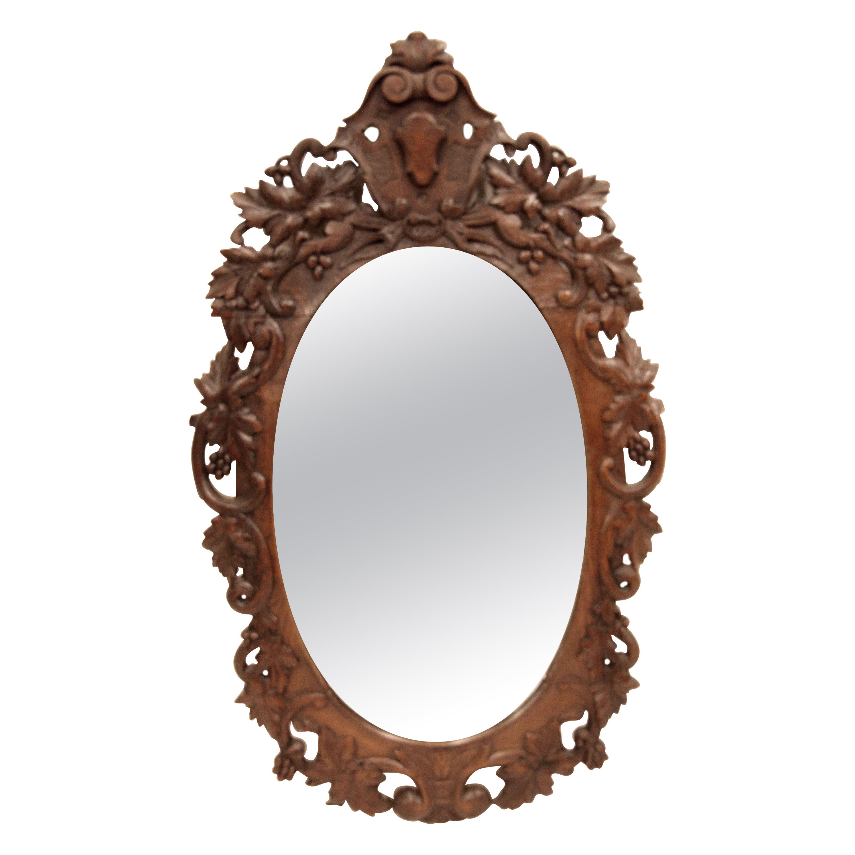 English Carved Oak Oval Mirror For Sale