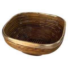 Rattan and Brass Italian Large Basket Bowl Centerpiece, 1970s Crespi Style