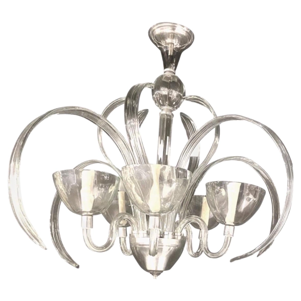 1940’s Murano Clear Glass Chandelier with 5 Lights For Sale