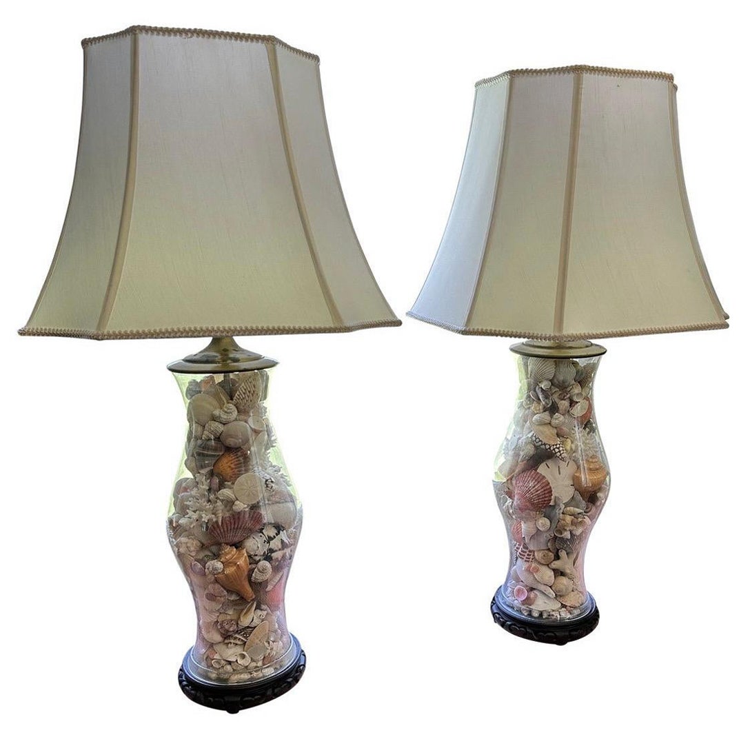 1960s pair of royal leerdam / Blenko hurricane shell filled lamps 