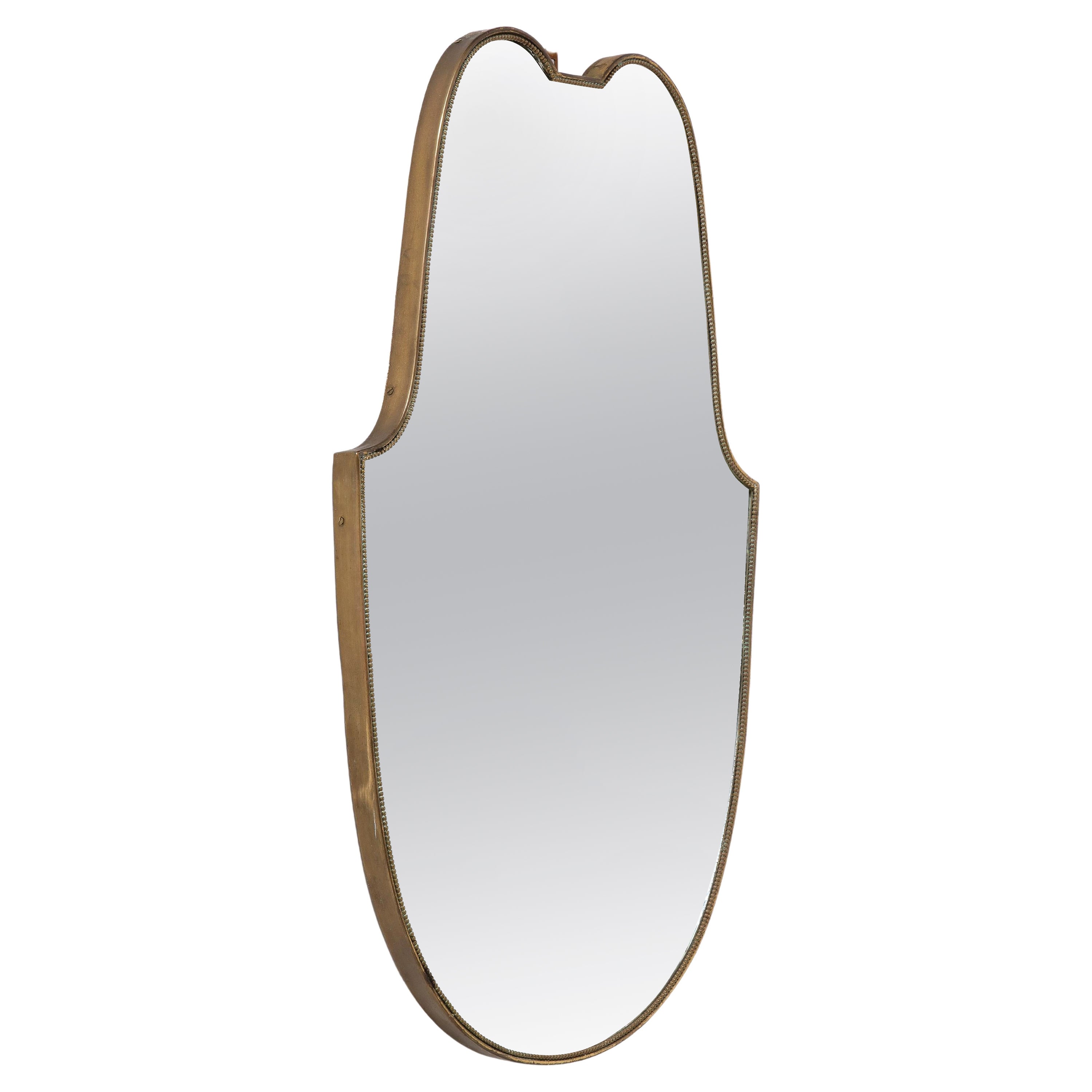 Italian 1940's Brass Shield Shaped Mirror with Beaded Trim, Italy, circa 1940  For Sale