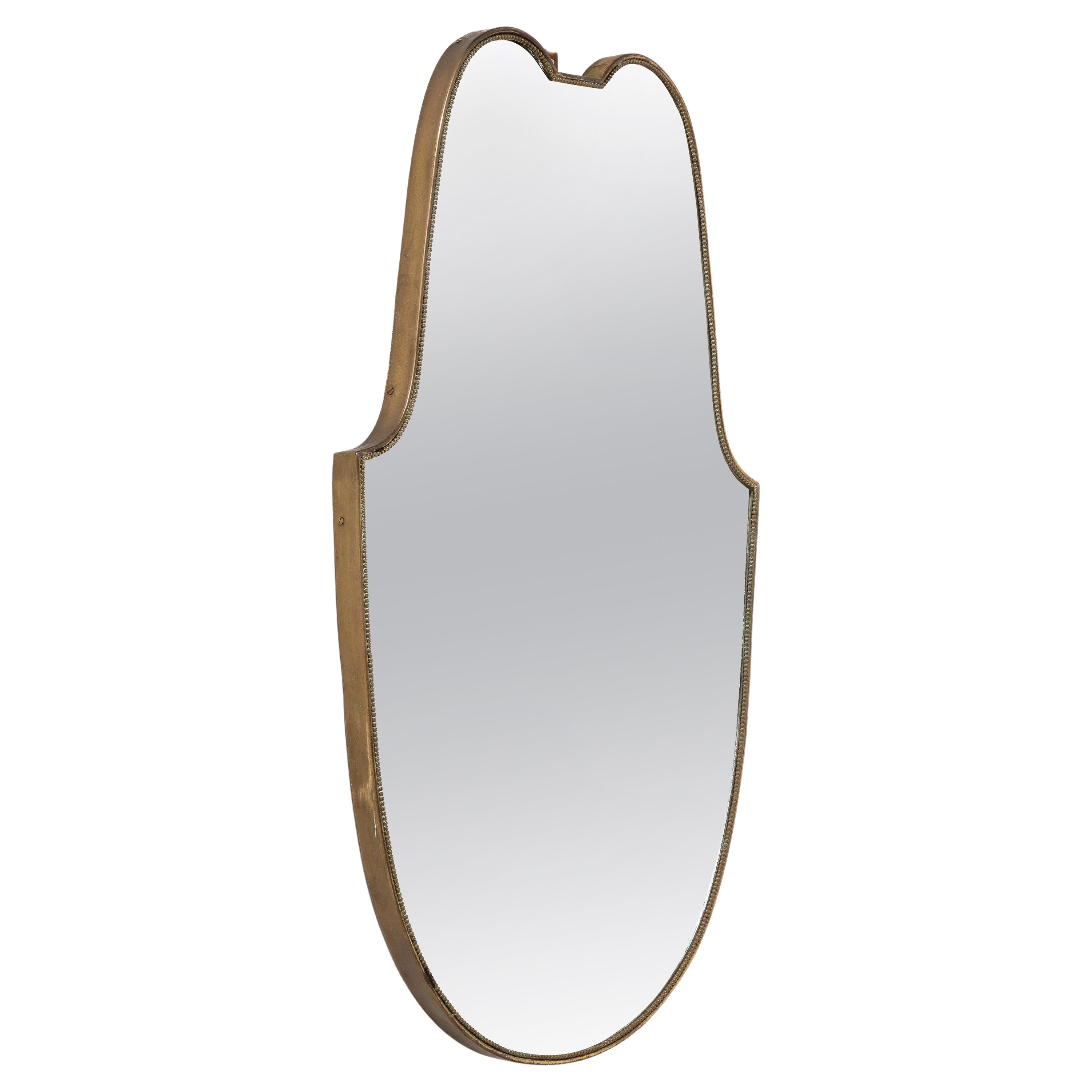 Italian 1940's Brass Shield Shaped Mirror with Beaded Trim, Italy, circa 1940 