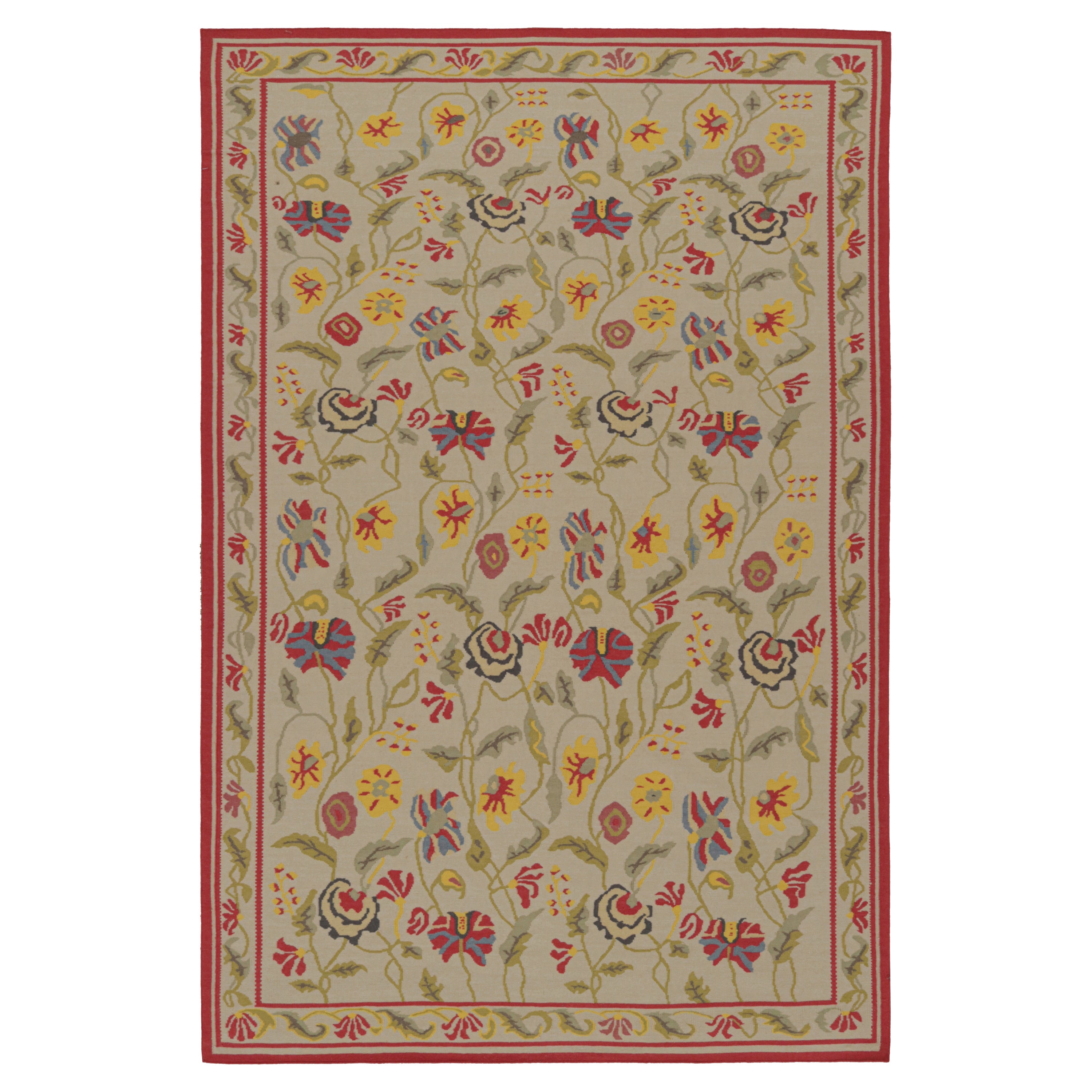 Rug & Kilim’s Contemporary Kilim Rug in Beige with Green and Red Floral Patterns For Sale