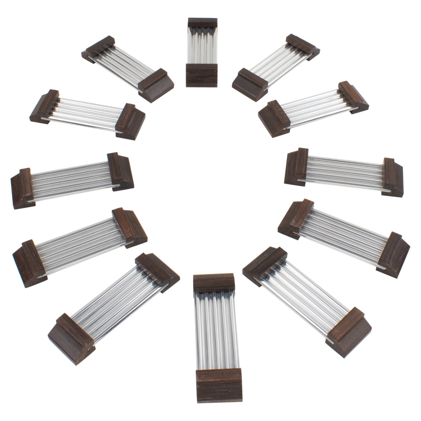 Porte-couteaux à pinces Art Déco en aluminium et bois de macassar, 12 pièces dans leur boîte