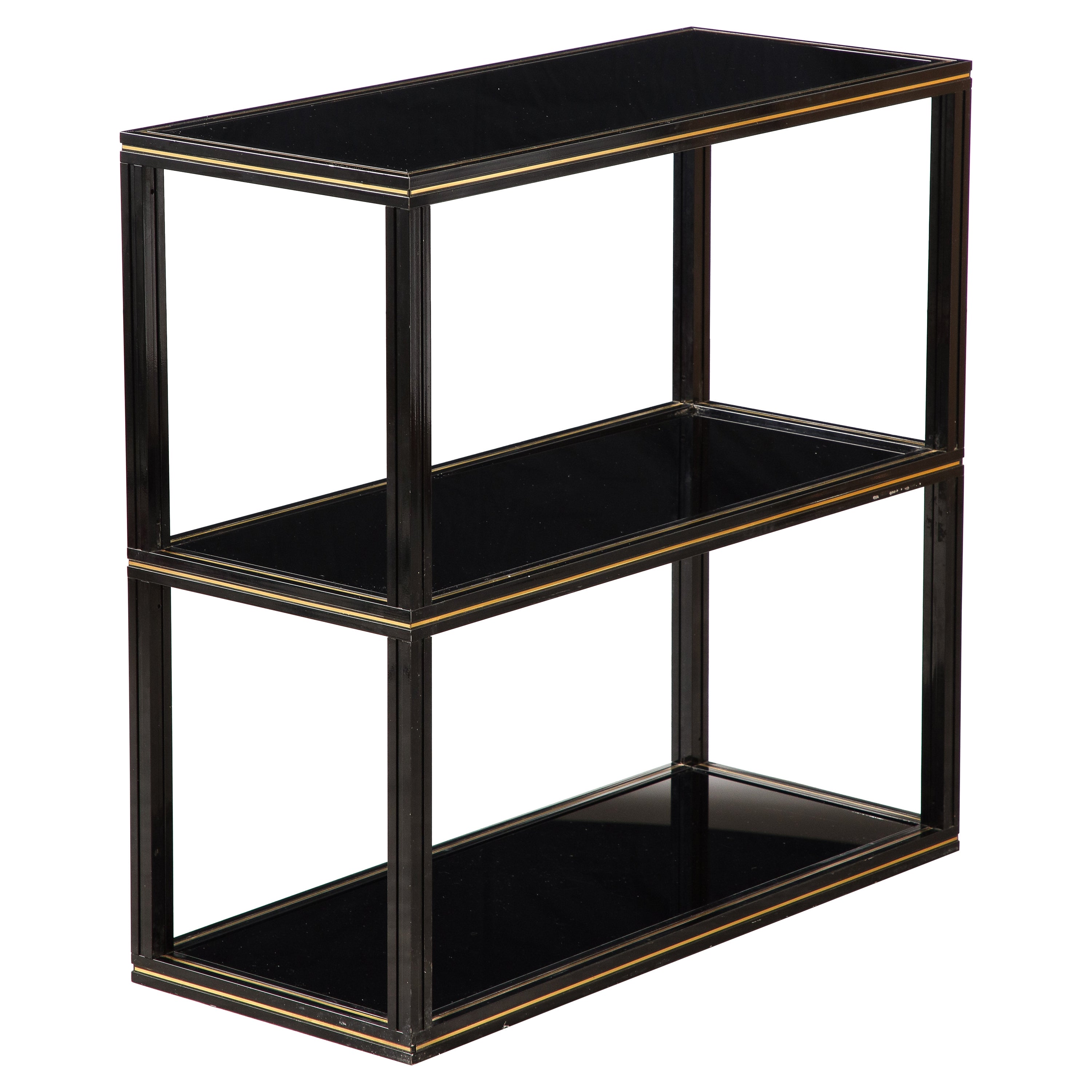 Pierre Vandel Black Glass and Brass Etagère, France, circa 1970 