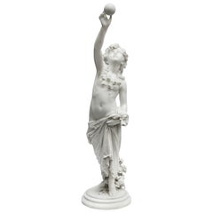 Enchanting marble statue of young girl playing ball, signed Donato Barcaglia