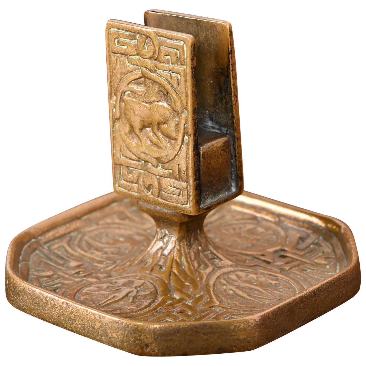 Tiffany Studios New York Porte-boîte d'allumettes Zodiac Doré en bronze