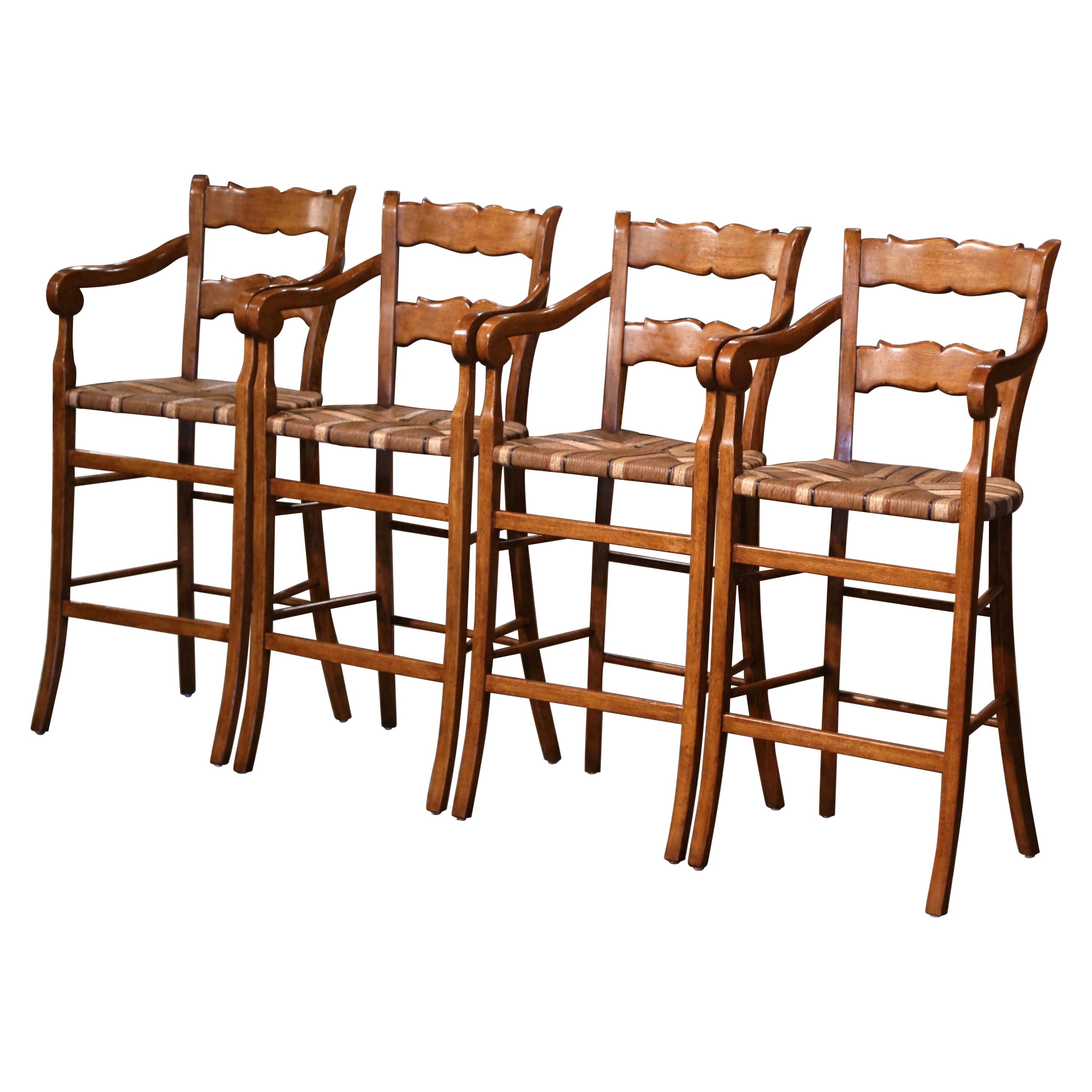  Vintage Country French Carved Oak Stools with Painted Rush Seat, Set of Four For Sale