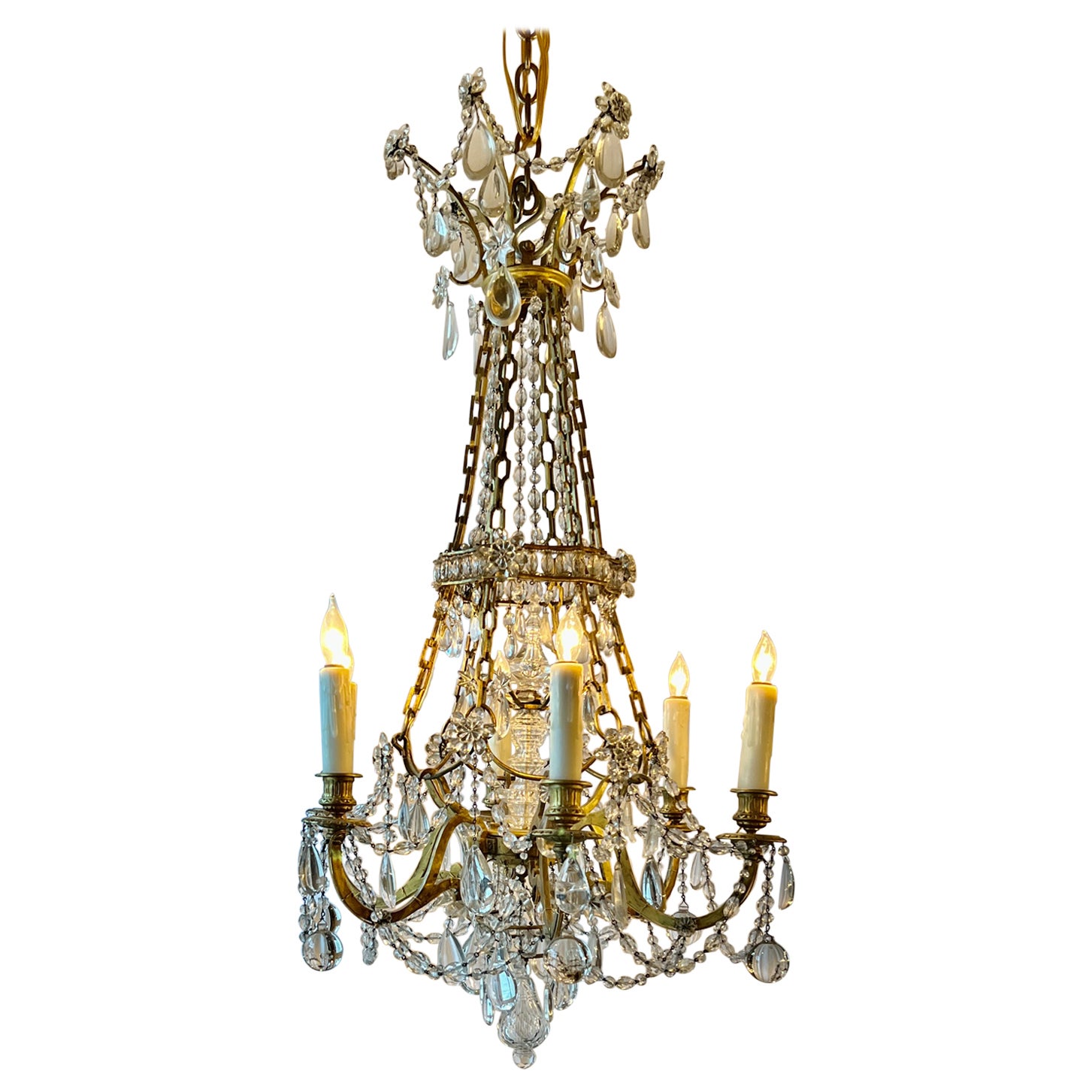 Antique French Gold Bronze and Baccarat Crystal 6 Light Chandelier, Circa 1900. For Sale