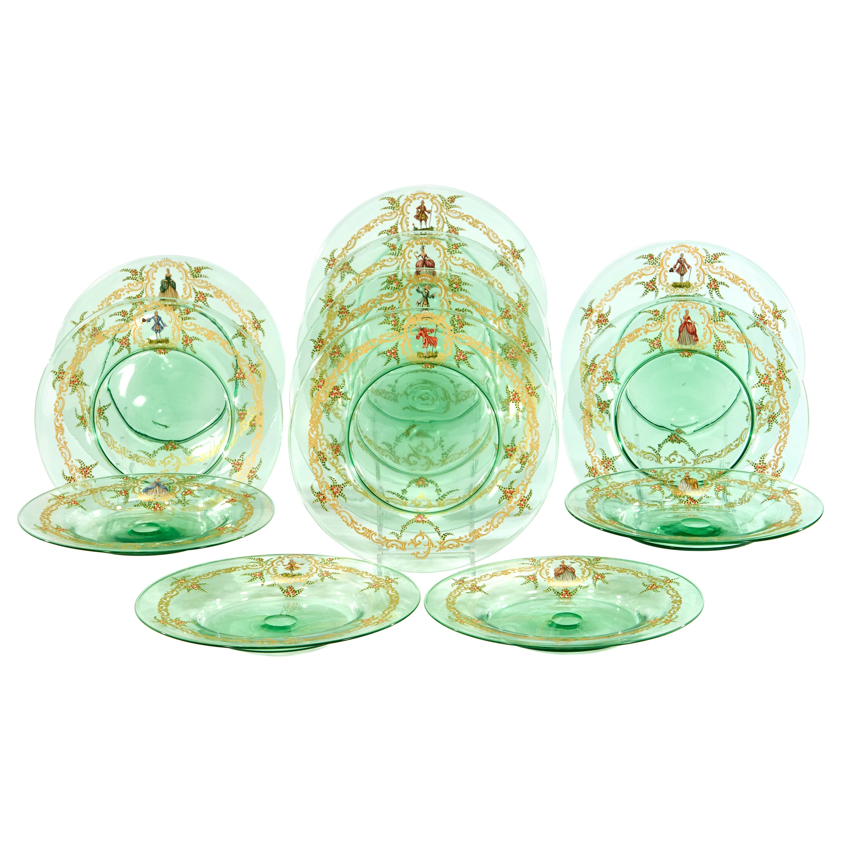 12  Venetian Glass Green Dinner Plates W/ Hand Painted Enamel Gilt Decoration For Sale