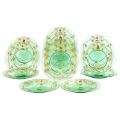 Antique 12  Venetian Glass Green Dinner Plates W/ Hand Painted Enamel Gilt Decoration