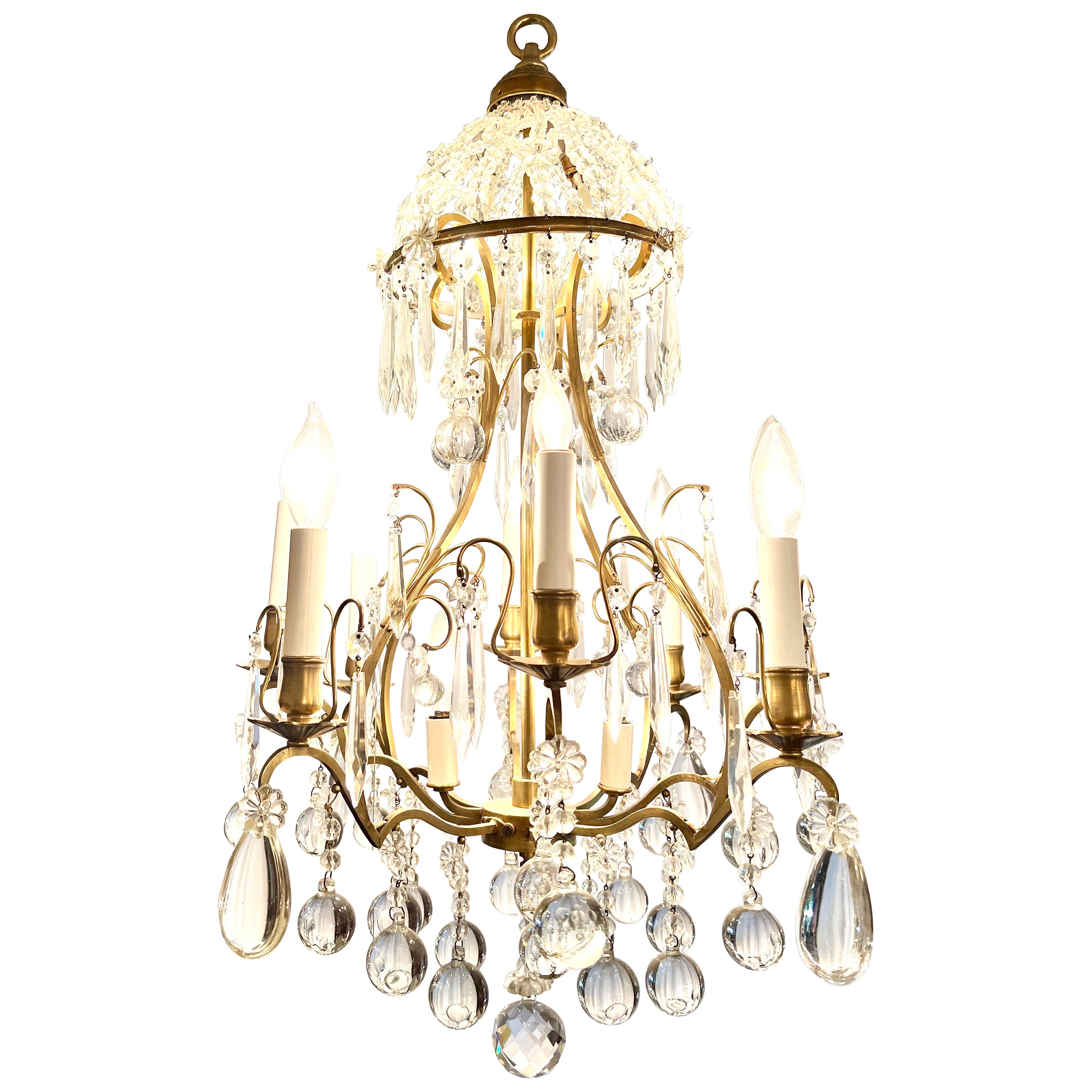 Antique French Gold Bronze and Baccarat Crystal Chandelier, Circa 1900's