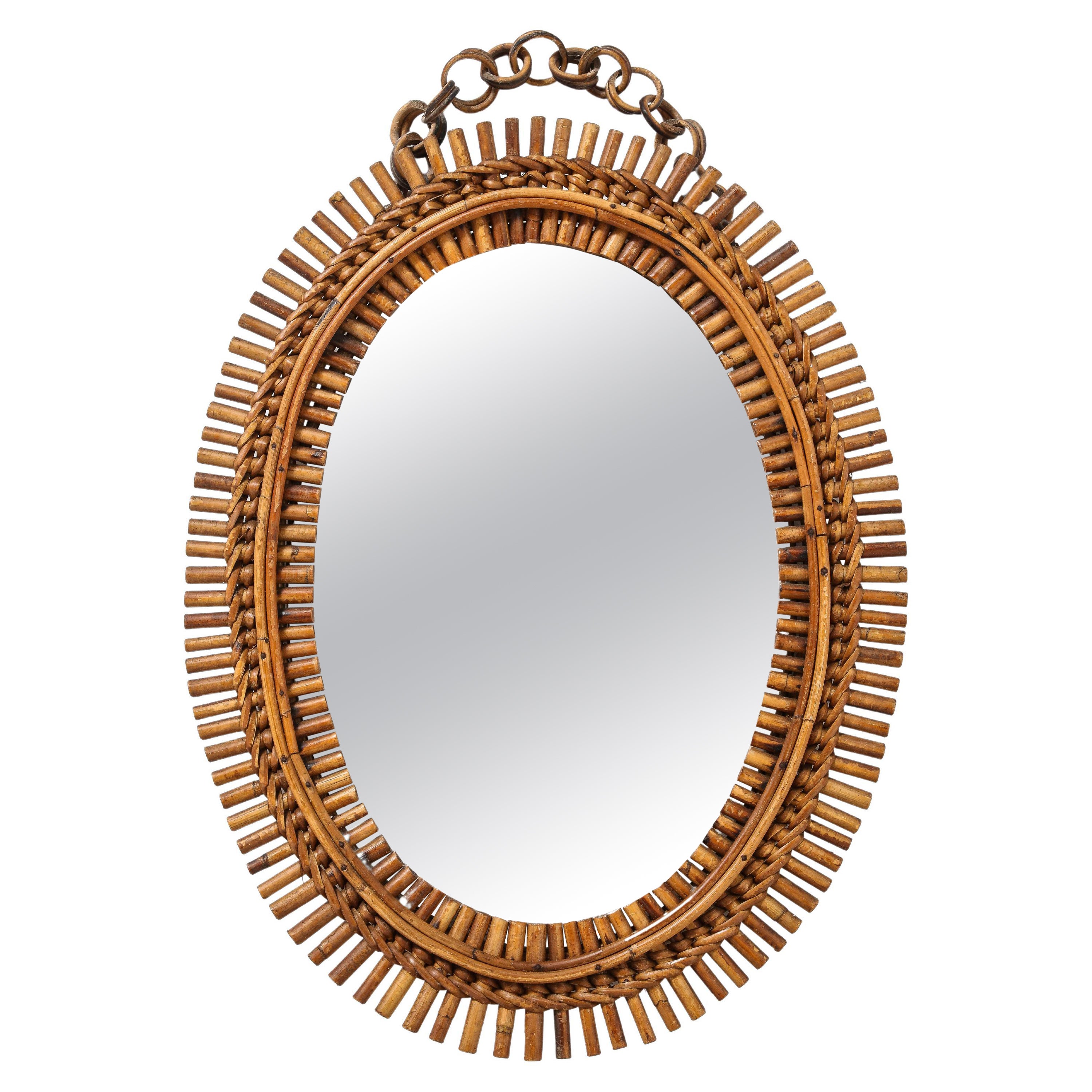 Italian 1950's Oval Bamboo Mirror with Chain