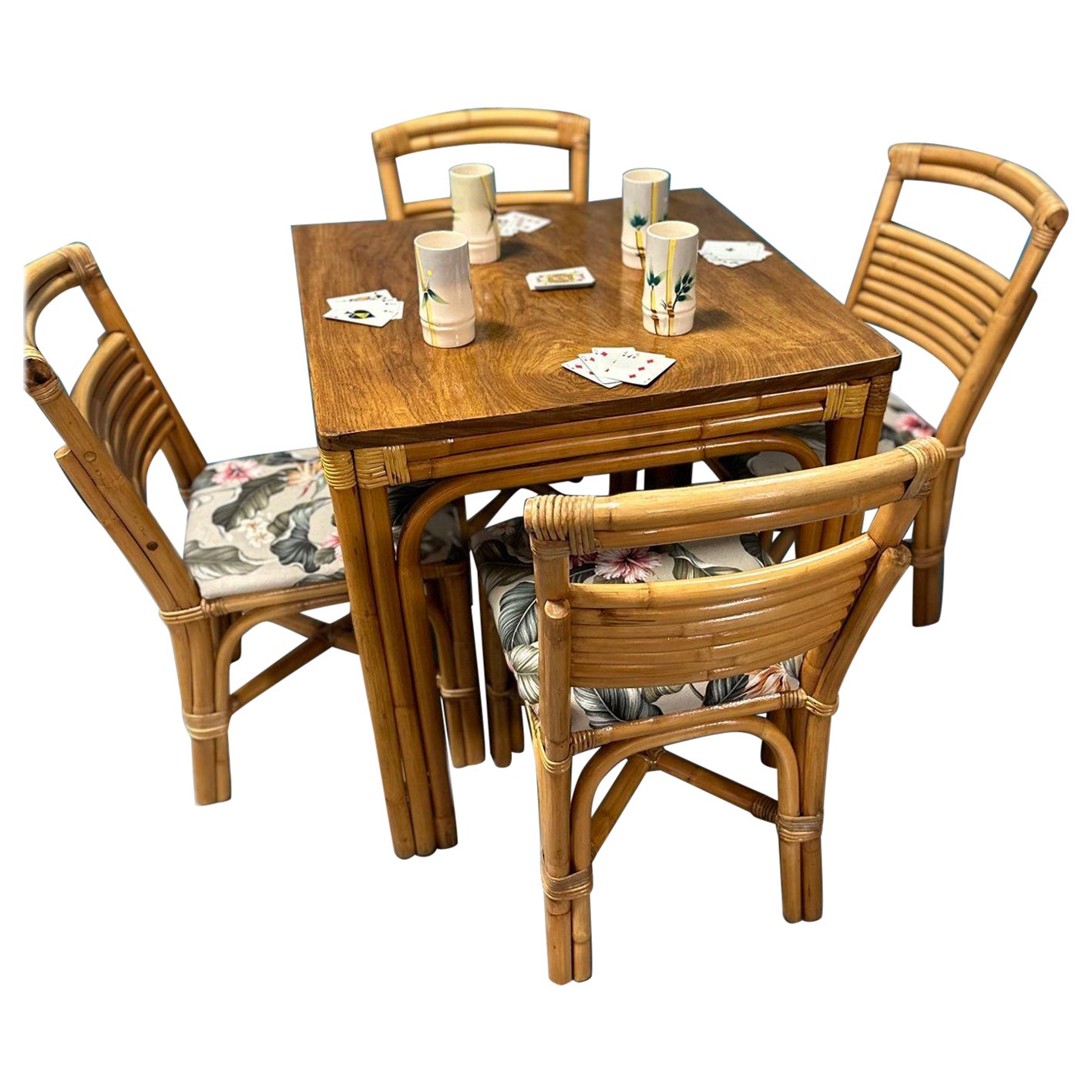 Restored Rattan Square Koa Wood Dining Table with Stacked Rattan Chairs Set For Sale
