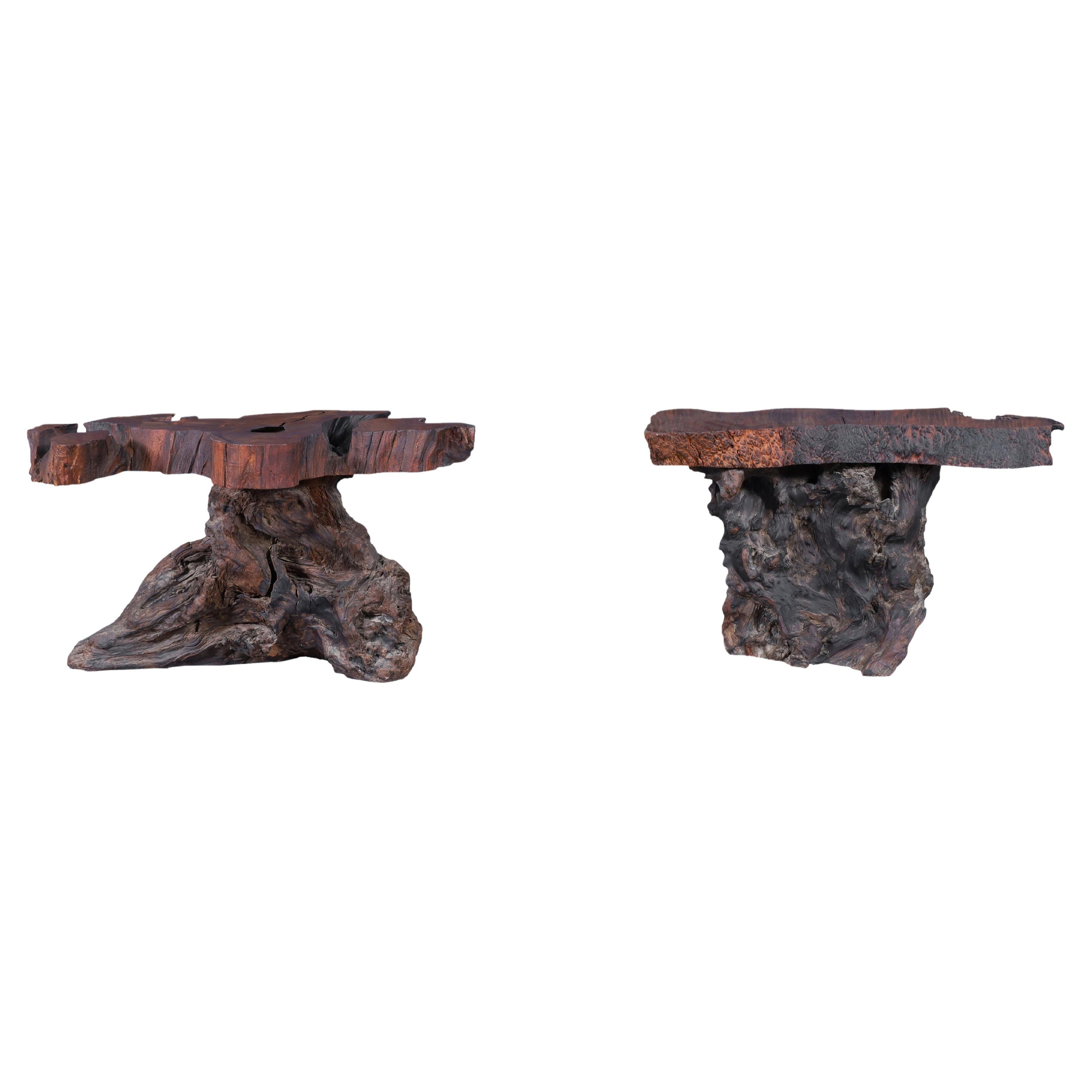 Mesas auxiliares vintage de madera de burl de secoya