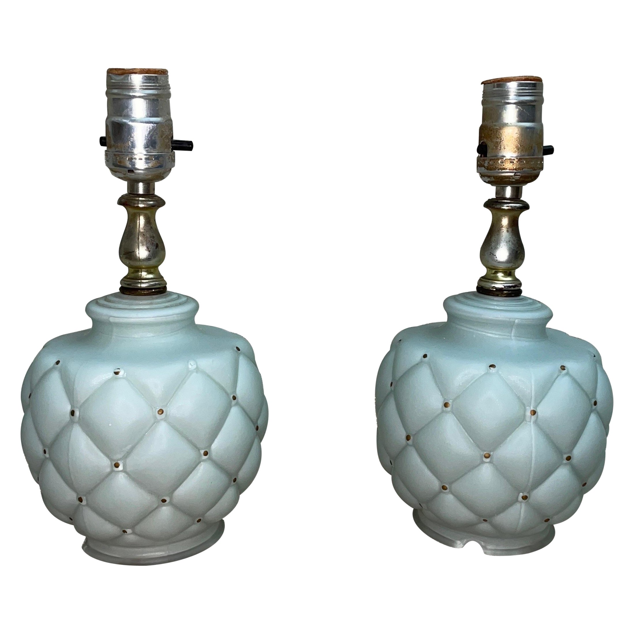 Petite Mid Century Quilted Glass Table Lamps- a Pair