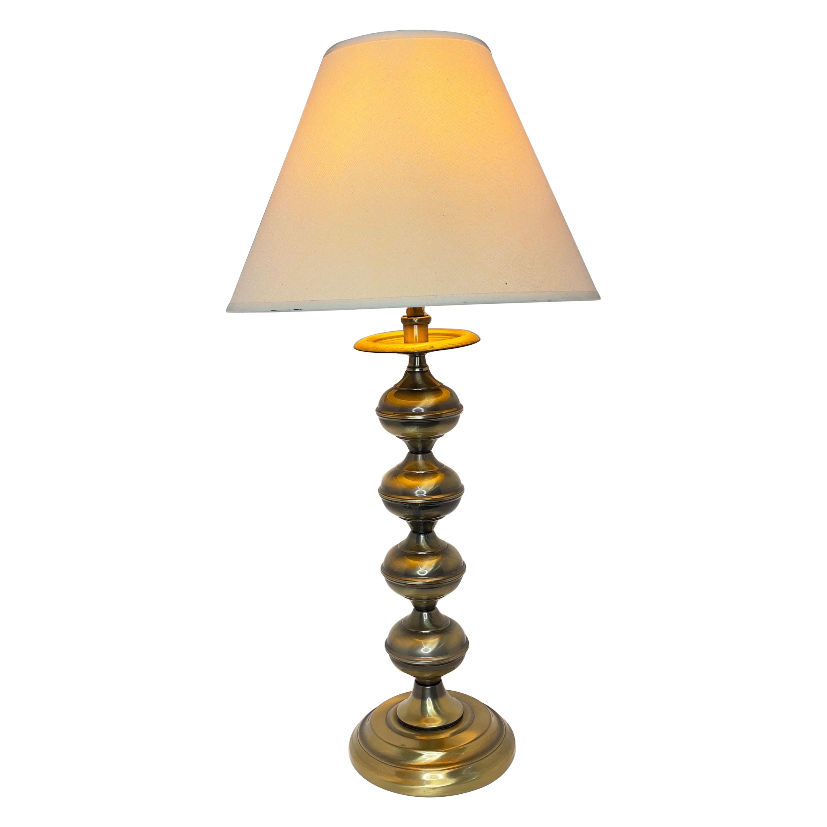 Mid Century Modern Brass Turned Table Lamp With Shade- 2 Pieces