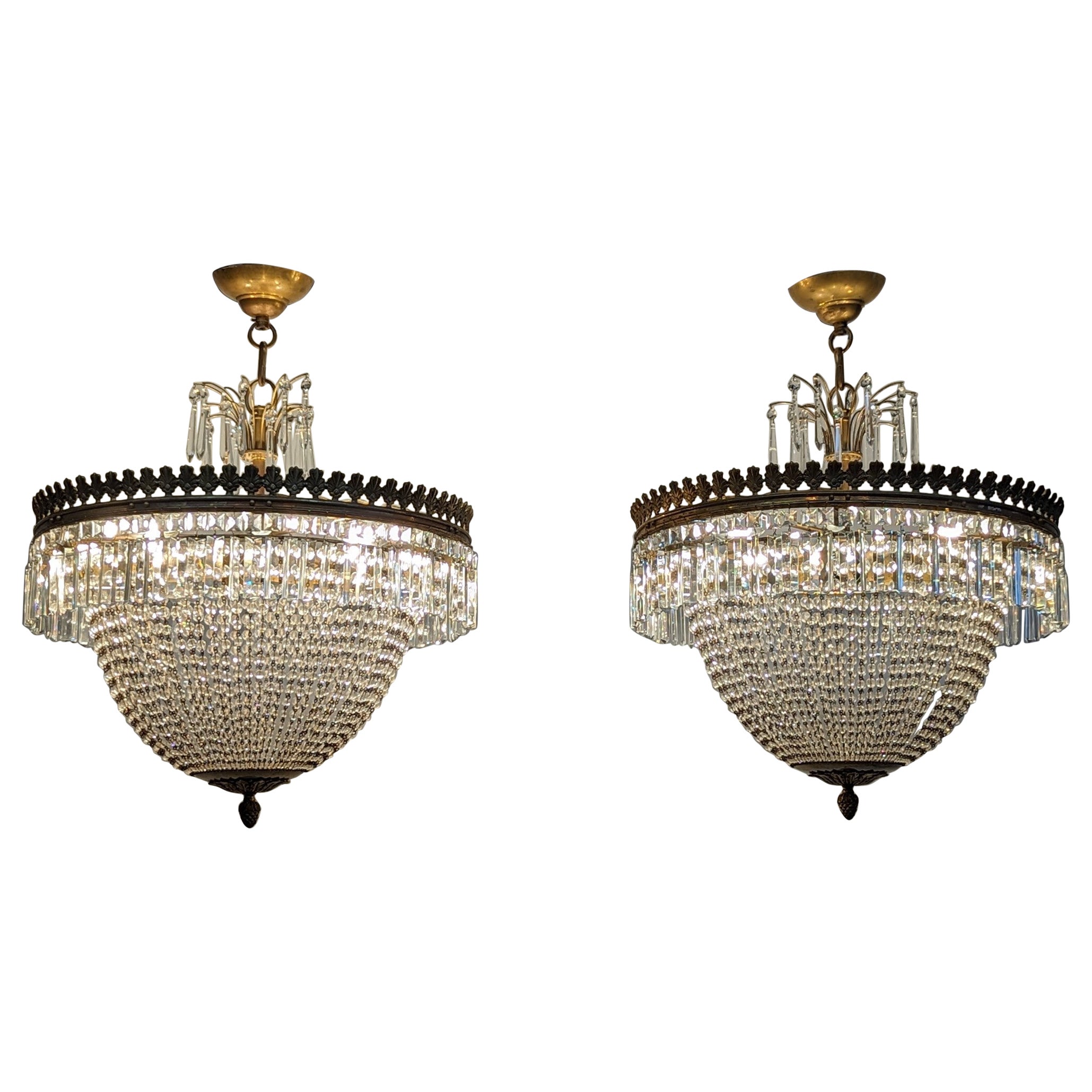 Pair French Antique Crystal & Bronze Chandeliers  For Sale
