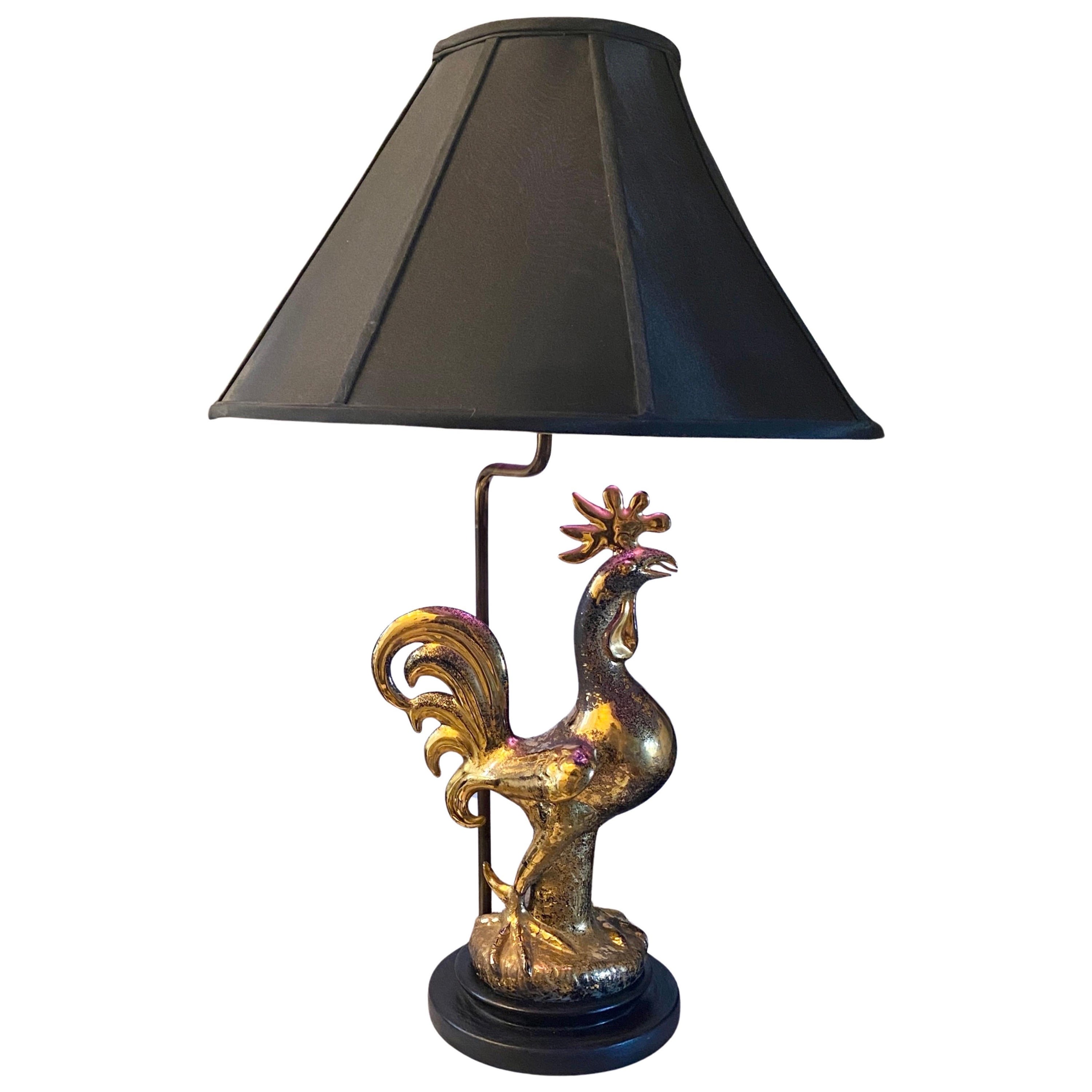 Sascha Brastoff One of a Kind Gold Plated and Black Rooster Table Lamp  Signed  For Sale