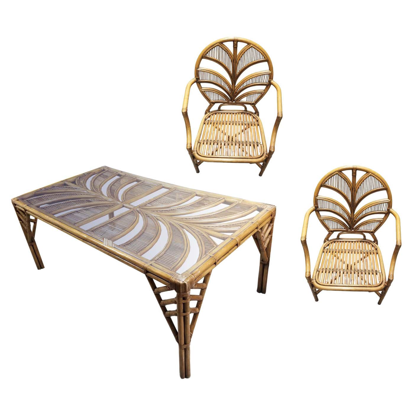 Restored Split Reed Rattan Fan Back Chairs and Glass Top Dining Table ...