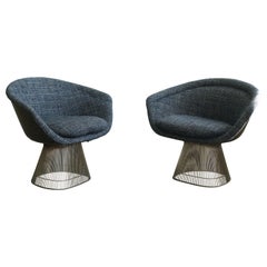 Set of 2 Warren Platner Lounge Chairs for Knoll International, blue upholstery