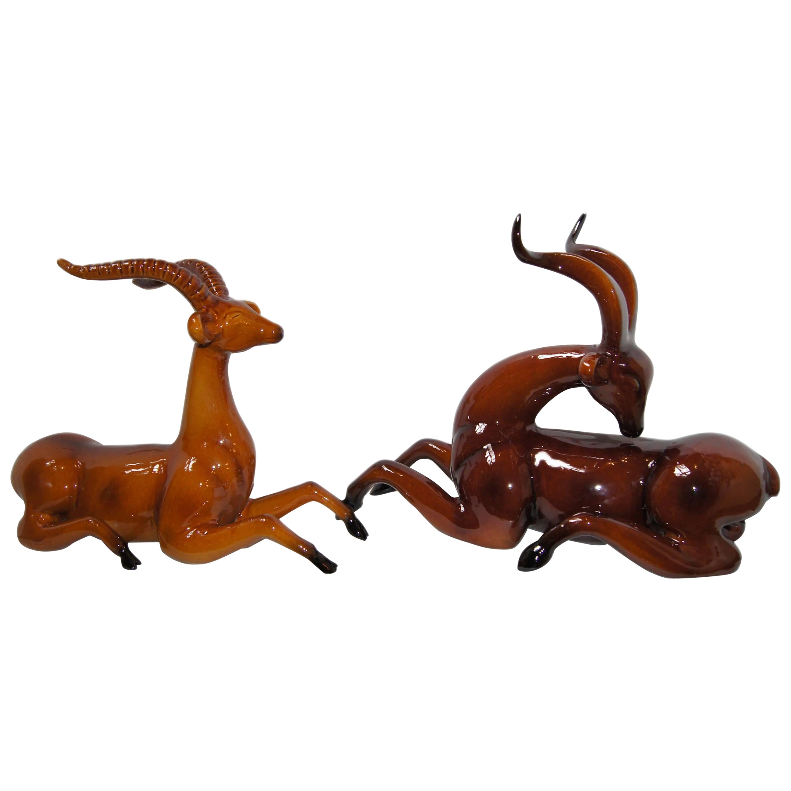 Pair of Glazed Porcelain Antelopes For Sale