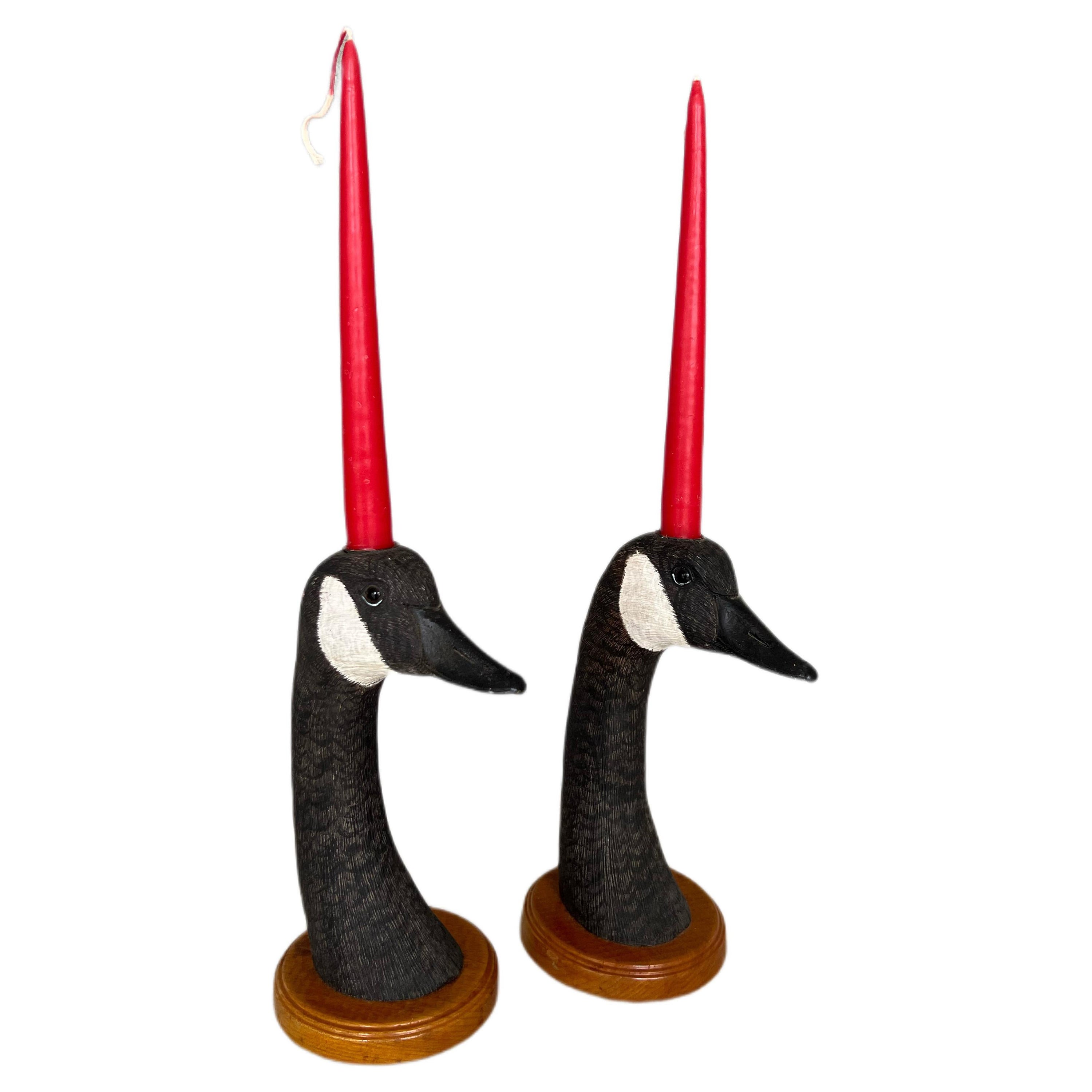 Vintage Pair Hand-Carved Goose Candlesticks 