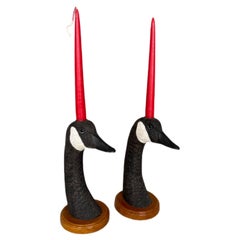 Antique Pair Hand-Carved Goose Candlesticks 