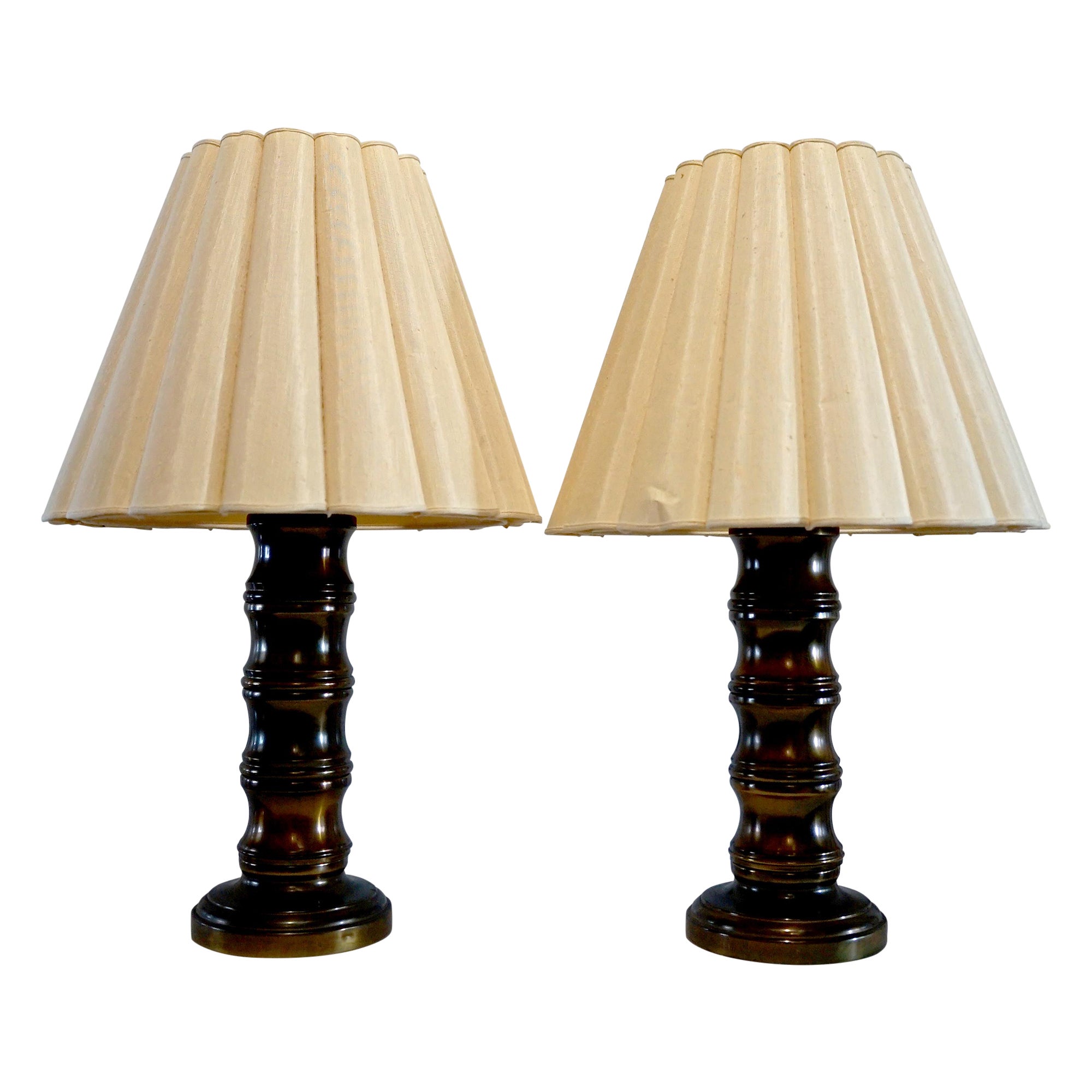 Mid-Century Burnished Brass Turned Pillar Column Lamps with Pleated Shades For Sale