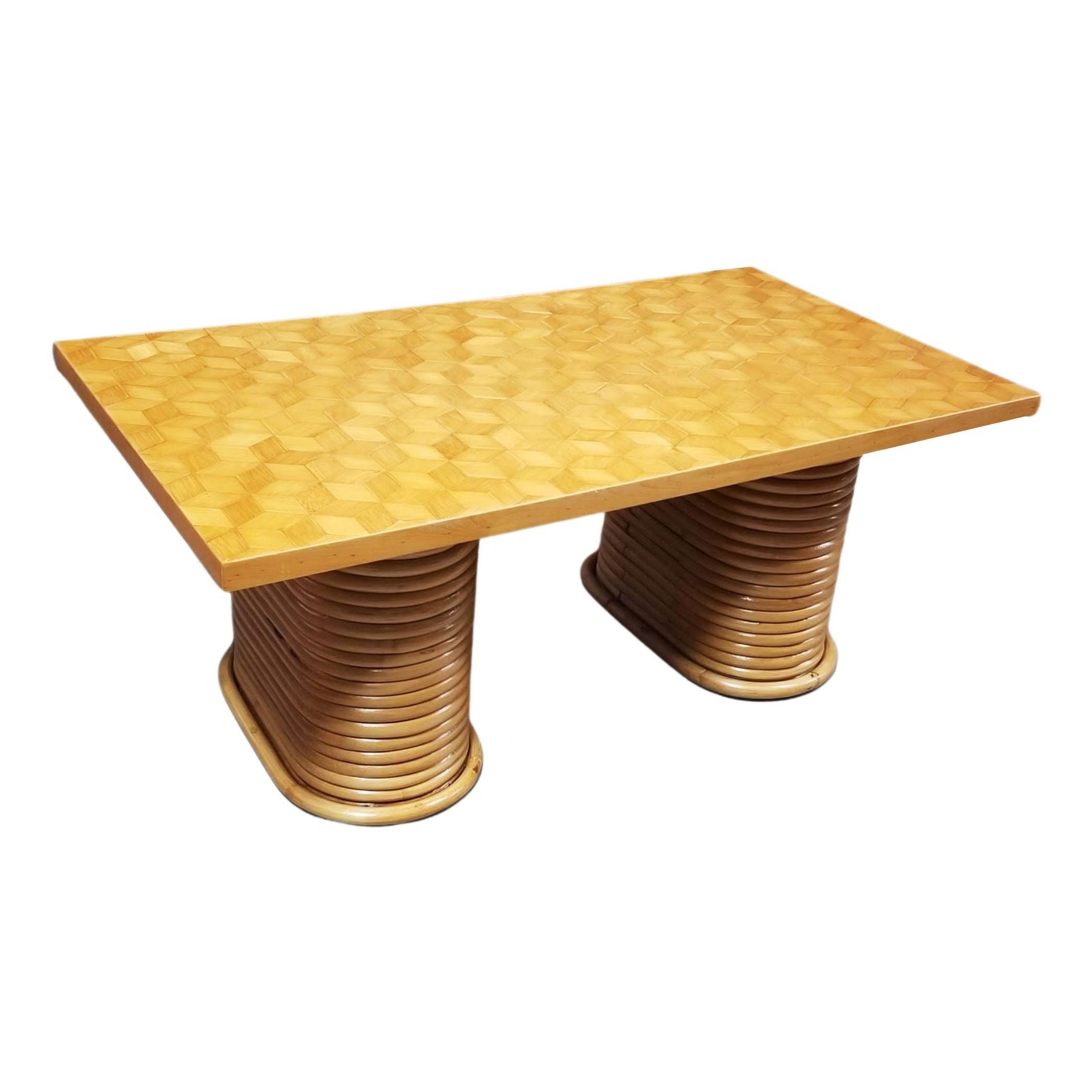 Restored Rattan Cube Pattern Coffee Table Top with Stacked Pedestal Legs