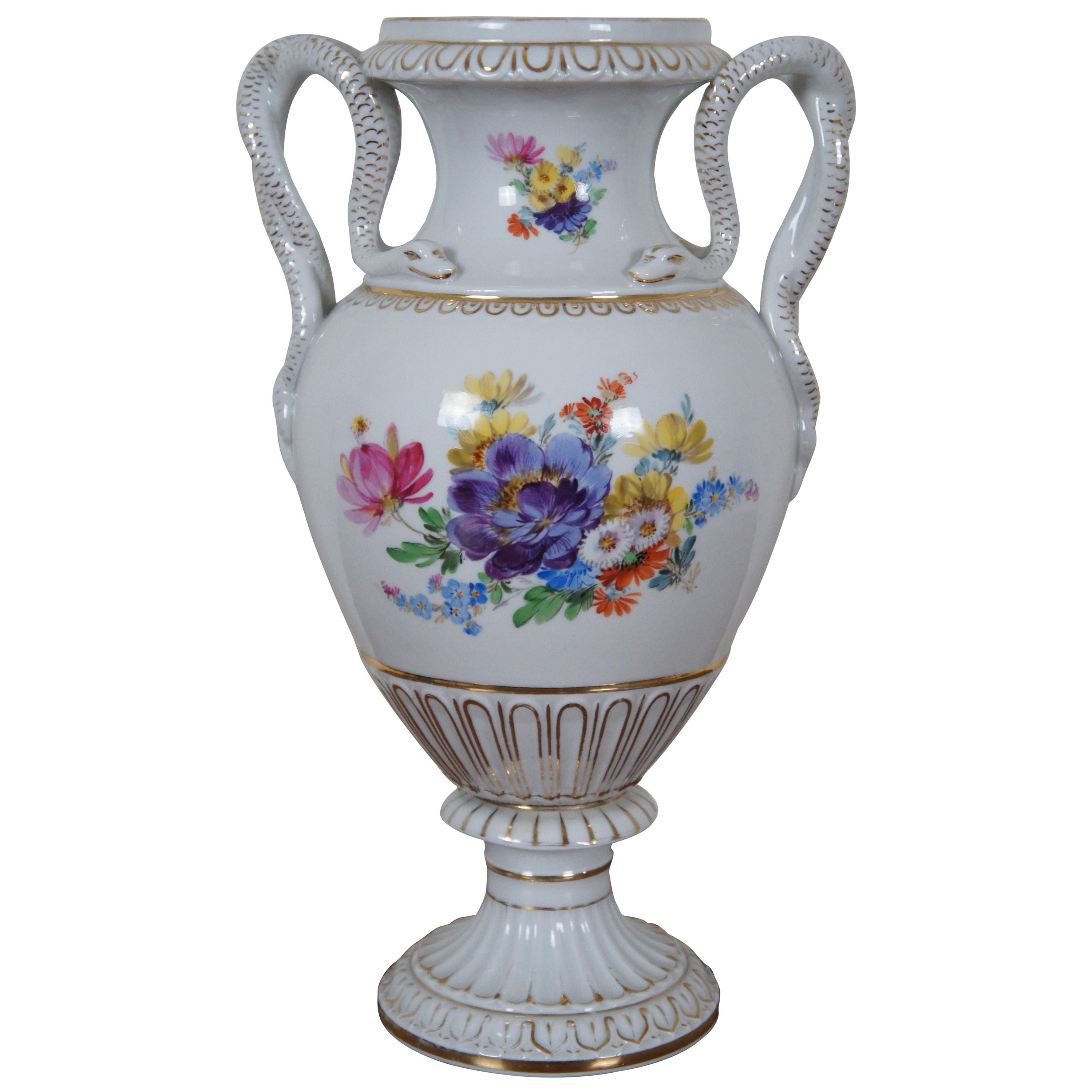 Antique German Meissen Dresden Porcelain Snake Handle Mantel Urn Vase 12" For Sale