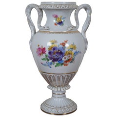 Antique German Meissen Dresden Porcelain Snake Handle Mantel Urn Vase 12"