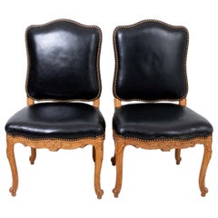 Pair of French Style Chairs with Black Leather